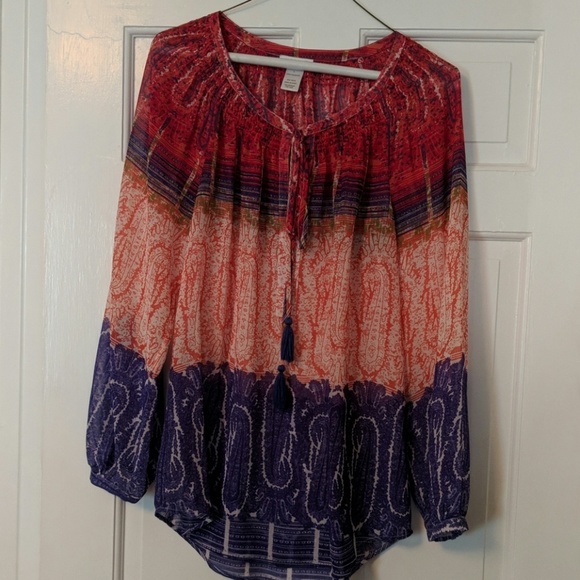 Cache Tops - Printed blouse w smocked tie neck